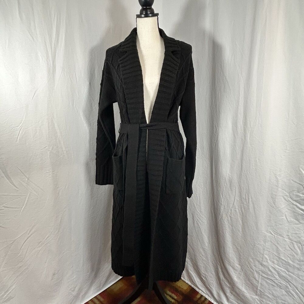 G by Giuliana Long Belted Cable Knit Cardigan Duster Size S Black Open Front HSN